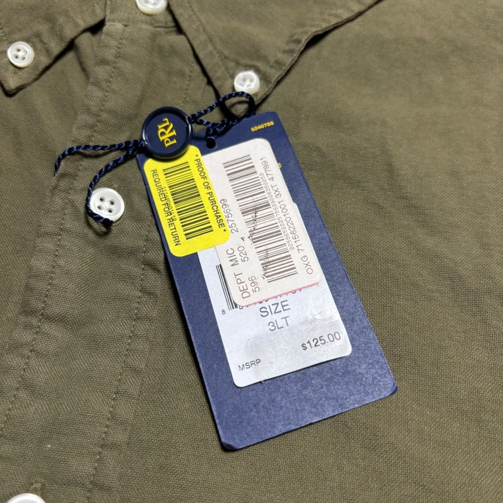 Ralph Lauren Olive Green Mens 3XLT Big & Tall Long Sleeve Button Down New $125